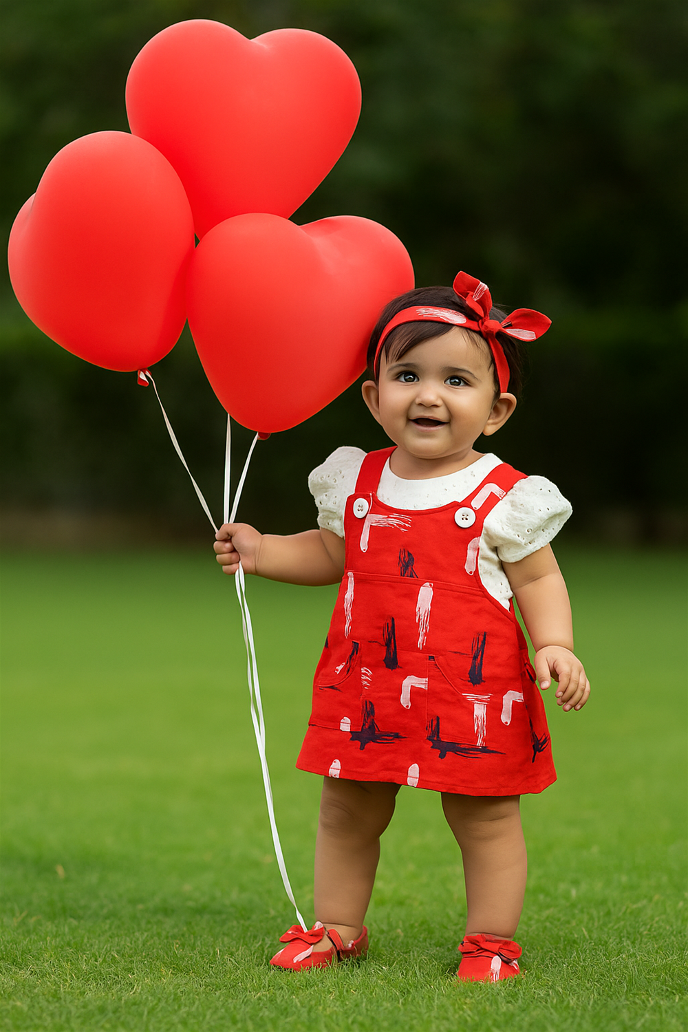 A cheerful baby girl stands on lush green grass, holding three red heart-shaped balloons. She is dressed in a vibrant red printed pinafore with matching headband and shoes, exuding festive charm.