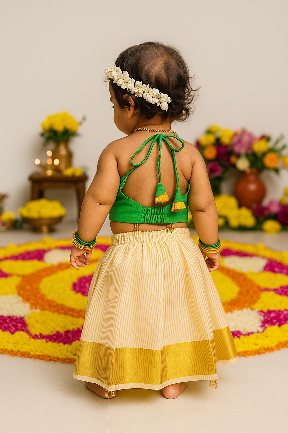 A baby girl stands with her back turned, wearing a green halter top and cream skirt with a golden border. She is adorned with jasmine flowers, bangles, and is surrounded by festive floral decorations.