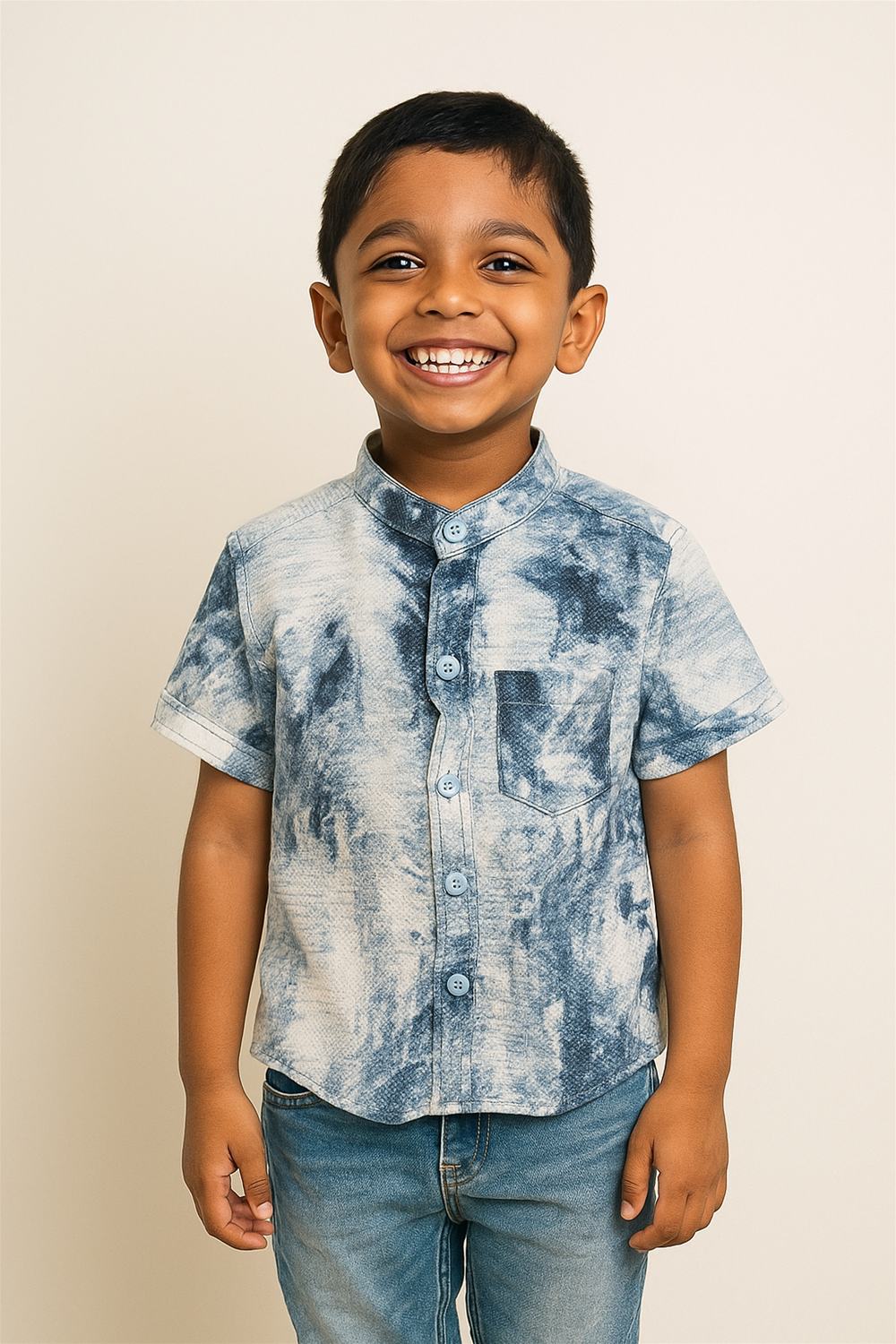 A young boy in a half-sleeve tie-dye type of design shirt  with a Chinese collar, smiling and standing outdoors.