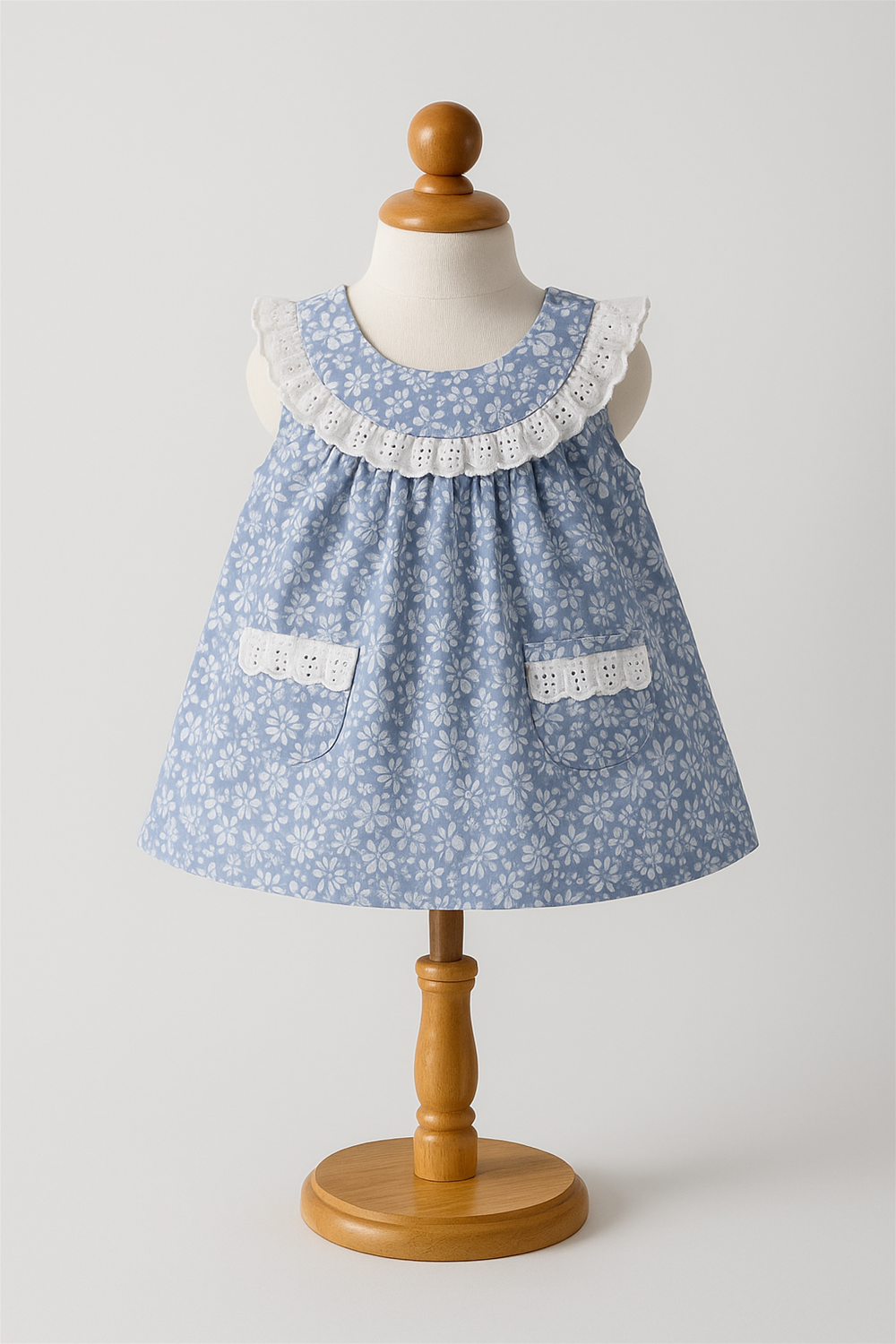 Blue floral baby dress displayed on mannequin, featuring white lace collar and pockets with lace trim, against plain studio background.