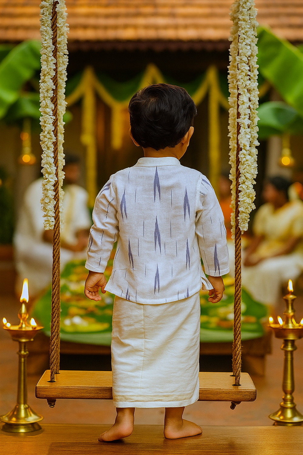 Back view of boy in white ikkat kurta and dhoti, standing on swing, surrounded by lit lamps and pookalam.