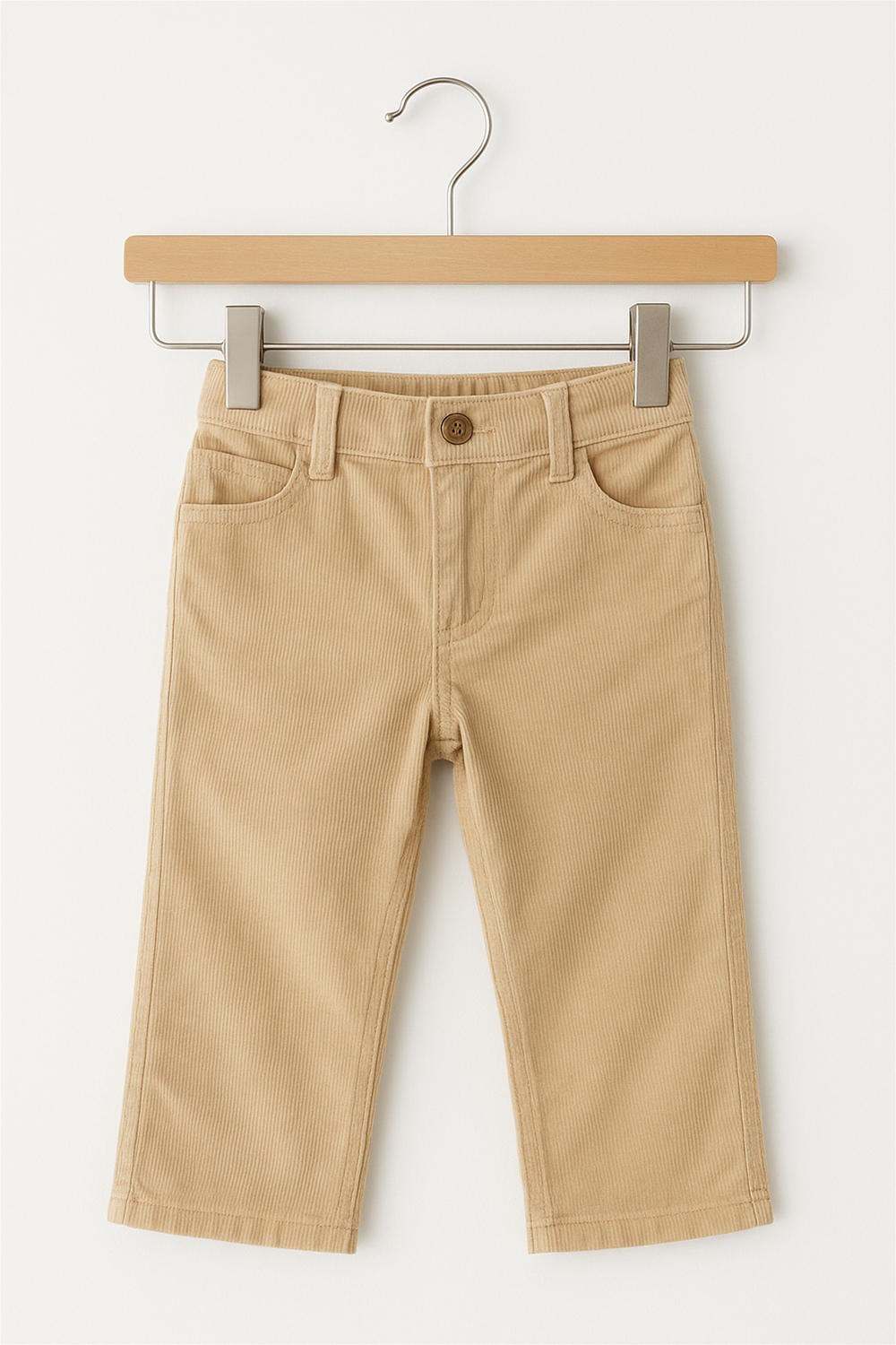 Beige corduroy toddler pants hanging on a wooden hanger against a white background. The pants feature front scoop pockets, a small coin pocket, belt loops, and a brown button closure at the waistband. The fine ribbed texture and soft finish make them ideal for casual and semi-formal wear.