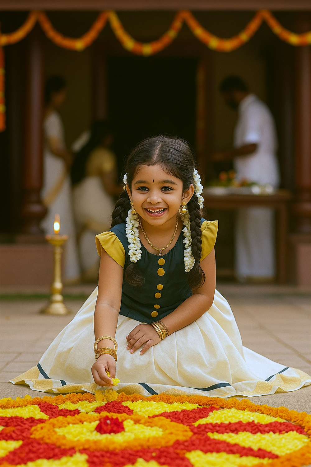 A little girl dressed in a green and gold traditional outfit is joyfully seated, placing flower petals on a vibrant floral rangoli during Onam celebrations. She is adorned with jasmine garlands in her braids, gold jewelry, and a bright smile.