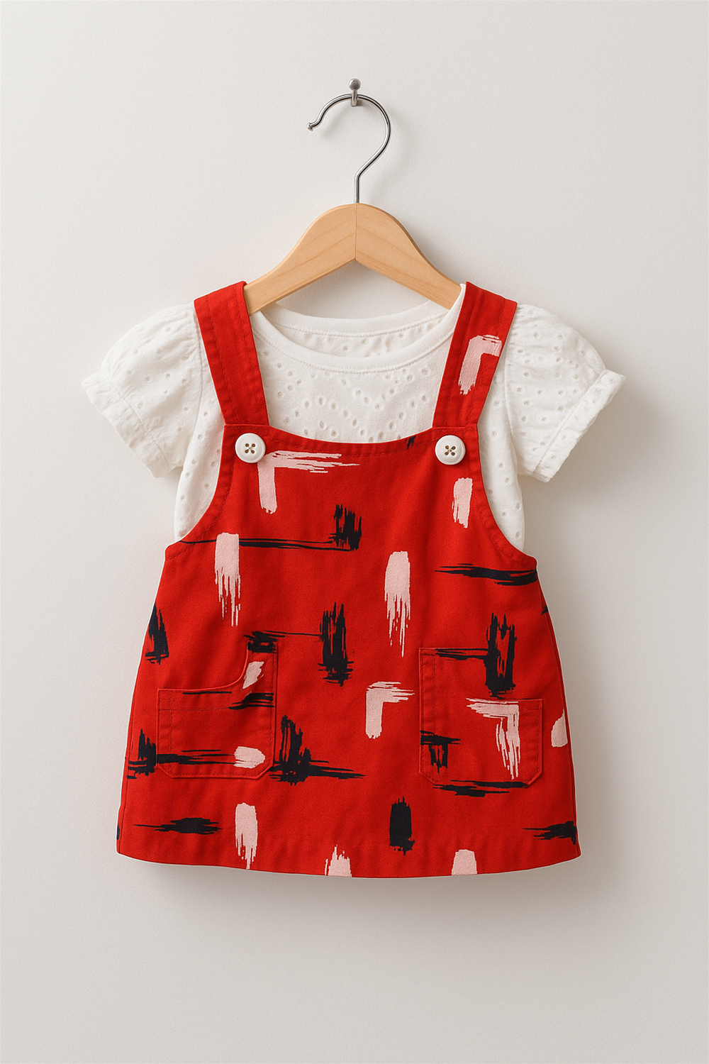 A vibrant red baby girl's pinafore dress with abstract paintbrush print, displayed on a wooden hanger. The outfit features a white eyelet puff-sleeve inner top and two patch pockets, perfect for a bold, playful look.