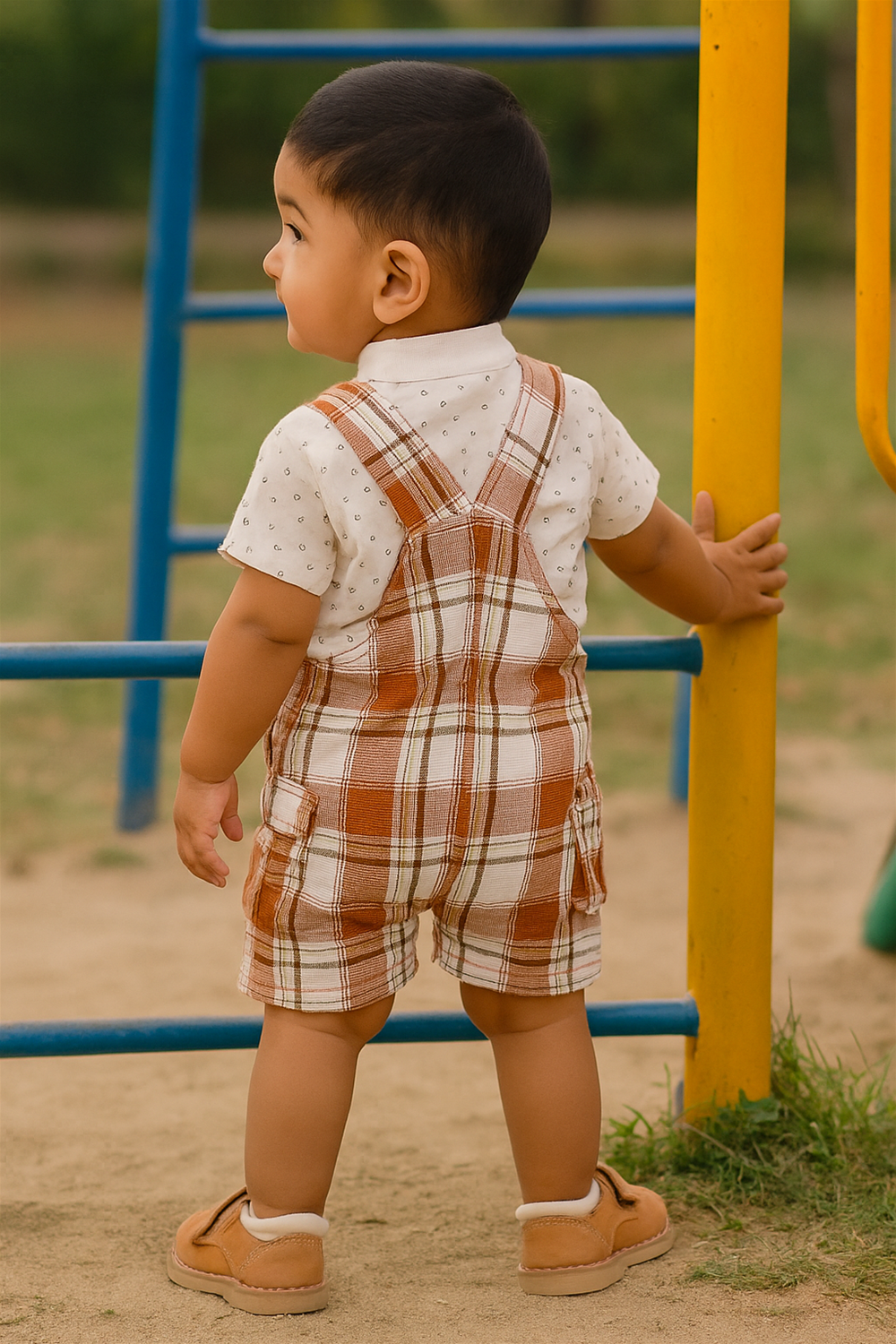 A baby boy in brown check dungaree and a white polka dot shirt.