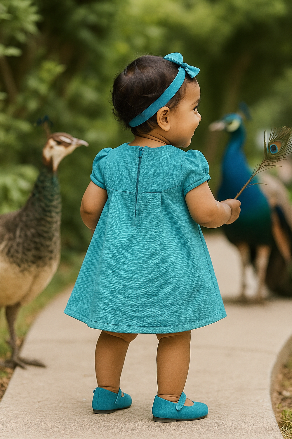 A baby girl in a peacock blue dress featuring peacocks, joyfully playing outdoors with a bright smile on her face.