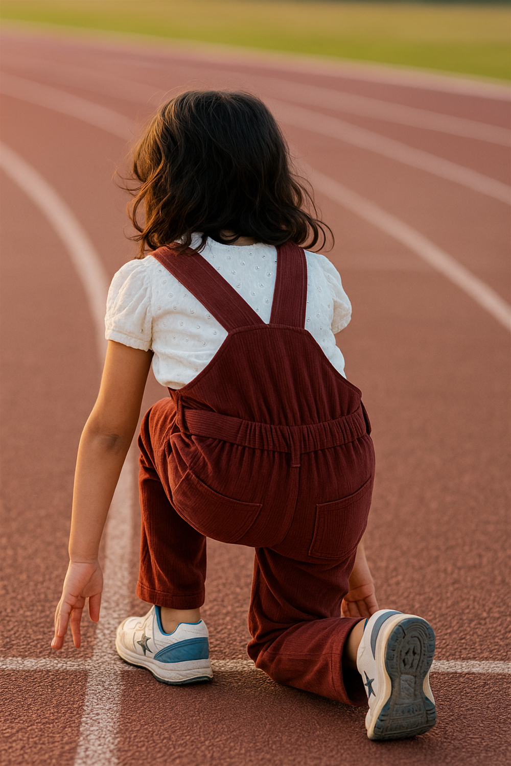 A young girl in a white short-sleeve top and maroon corduroy overalls kneels on a running track in a starting position. She is wearing white sneakers with blue accents, preparing to sprint forward.          Ask ChatGPT