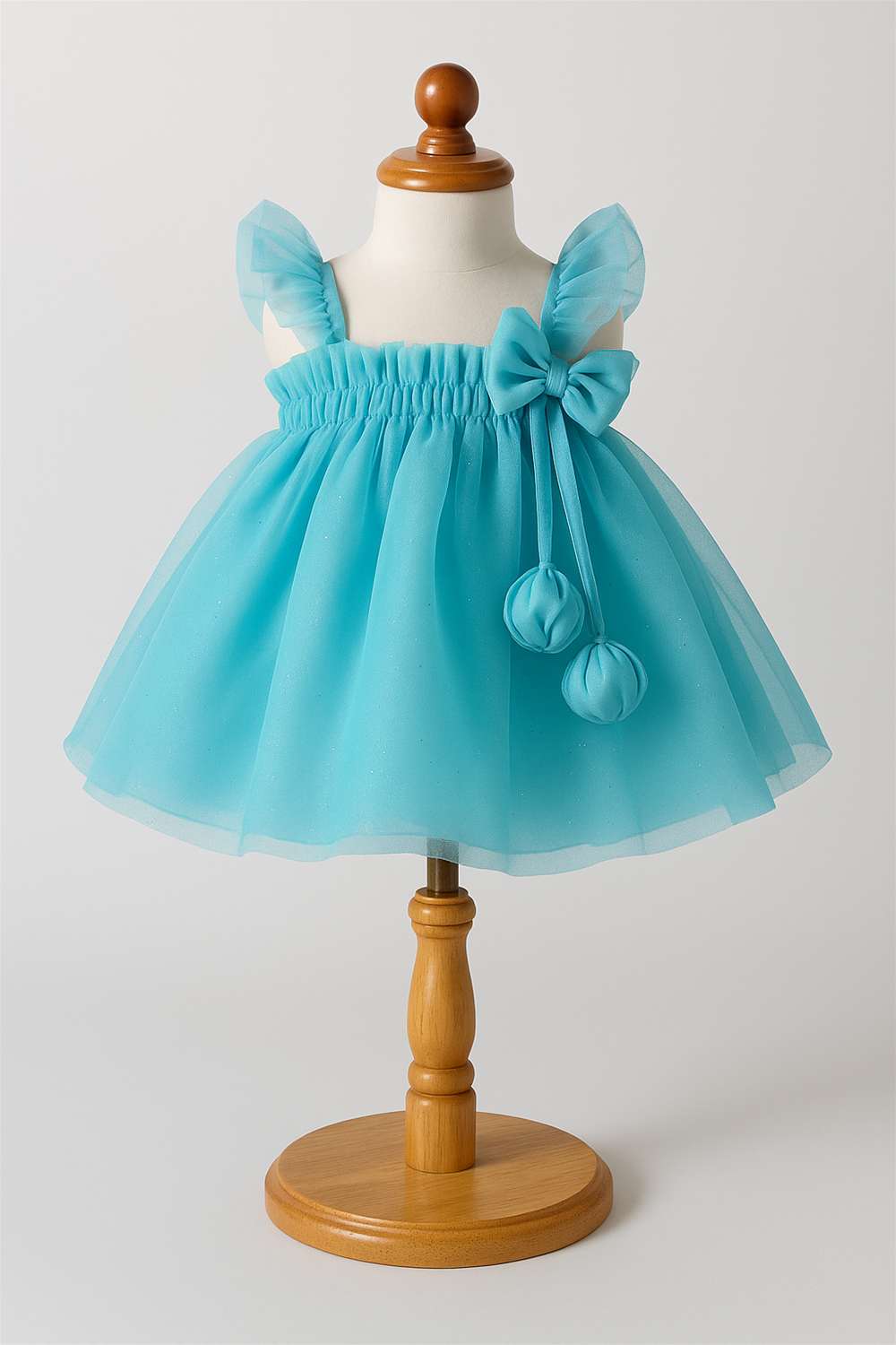 Sleeveless blue net frock for baby girls, featuring ruffle straps, a bow accent, and two hanging fabric balls. Displayed elegantly on a wooden dress form against a plain light background.