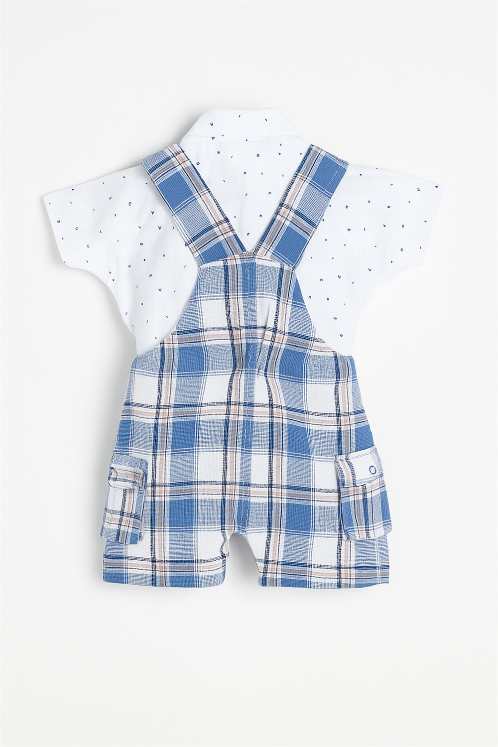Back view of a Baby boy's Blue cotton check dungaree showcasing a cute and casual outfit for young children.