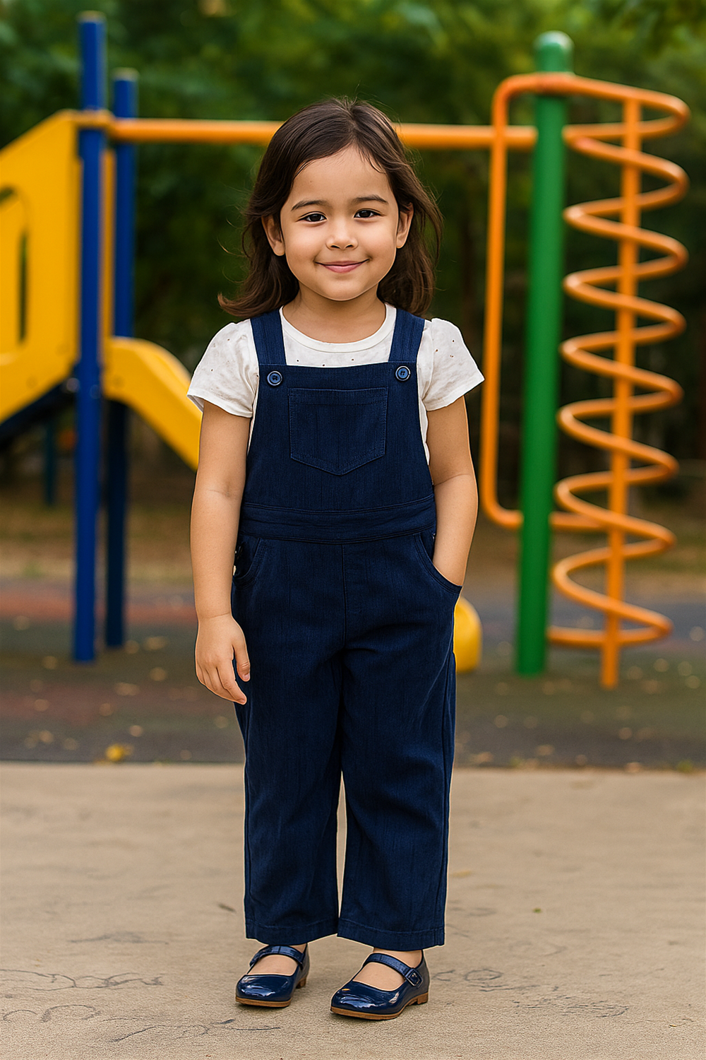 Young girl wearing a white short-sleeve top and navy-blue corduroy dungarees, standing in a playground setting. She has long dark hair and is smiling gently while facing the camera.