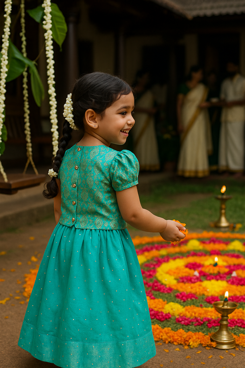 A young girl wearing teal festive dress with gold embroidery, jasmine garland braid, smiling while holding flowers before floral rangoli.