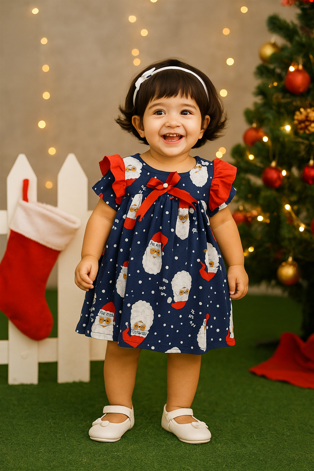 Smiling baby girl wearing navy blue Santa print frock with red sleeves and bow, standing beside a Christmas tree.