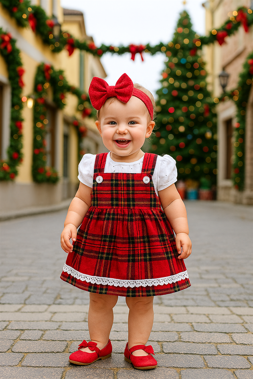 A smiling baby in a red plaid frock, white blouse, and red bow headband standing on a festive street.