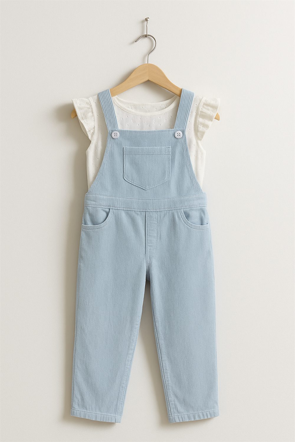 A light blue corduroy dungaree with front pockets and a chest pocket, paired with a white short-sleeve top featuring delicate embroidery, displayed neatly on a wooden hanger against a plain wall. The outfit is designed for young children, combining casual comfort with a charming, classic style.