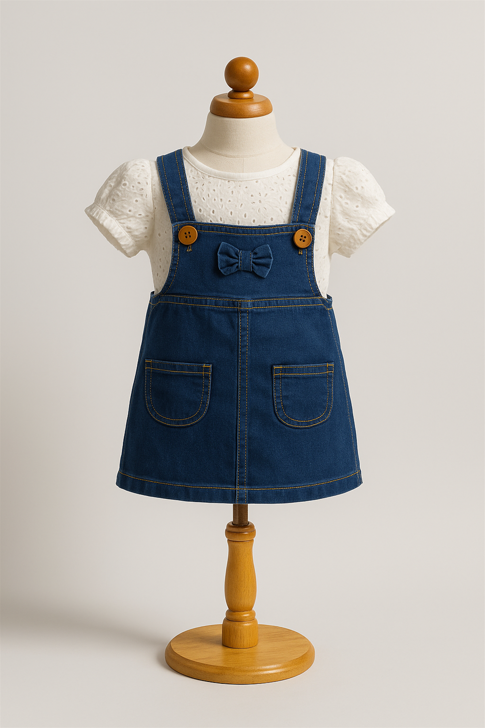 A baby girl's denim A-line pinafore dress is displayed on a wooden mannequin, styled with a white eyelet puff-sleeve top. The dress features front patch pockets, a central bow, and wooden button straps, offering a charming and casual look.