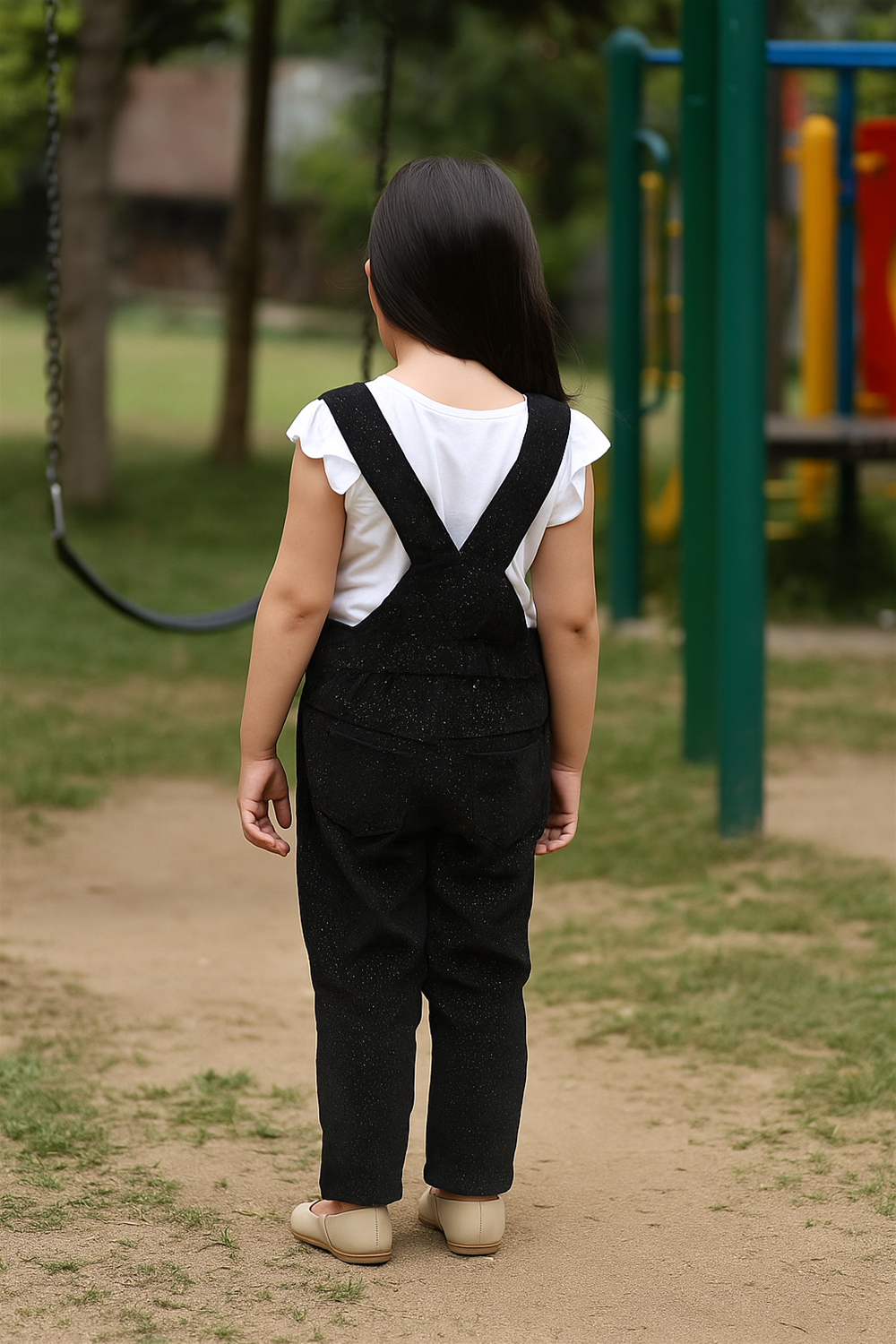 A young girl stands in a playground, facing away from the camera, wearing a white ruffle-sleeve top paired with black speckled overalls. Her long hair flows down her back as she stands on a dirt path with playground equipment visible in the background.