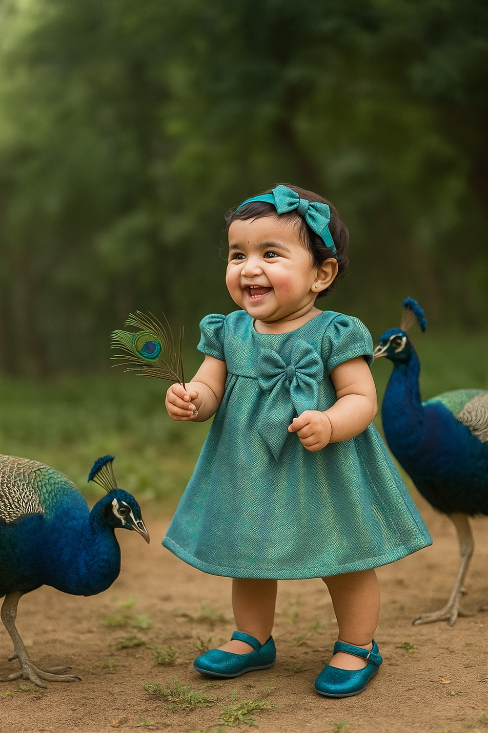 A baby girl in a peacock blue dress featuring peacocks, joyfully playing outdoors with a bright smile on her face.