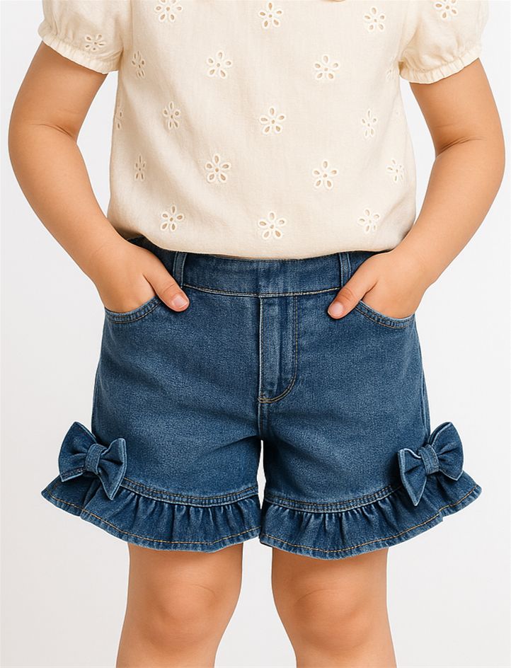 Close-up of a denim frilled skirt with geometric prints, elastic waistband, and side bows, styled on a child model.