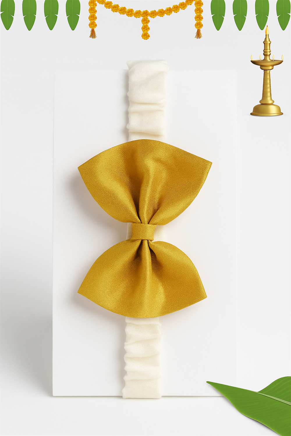 This is a close-up image of a baby headband featuring a golden bow attached to a soft white elastic band. The bow is neatly tied in the center, and the accessory is displayed on a plain white background, highlighting its elegant and festive design.