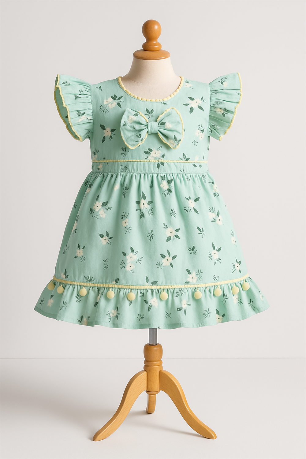 A charming mint green floral baby dress displayed on a child-sized wooden mannequin. The dress features flutter sleeves, a front bow, and a yellow pom-pom trim at the hem for a playful touch.