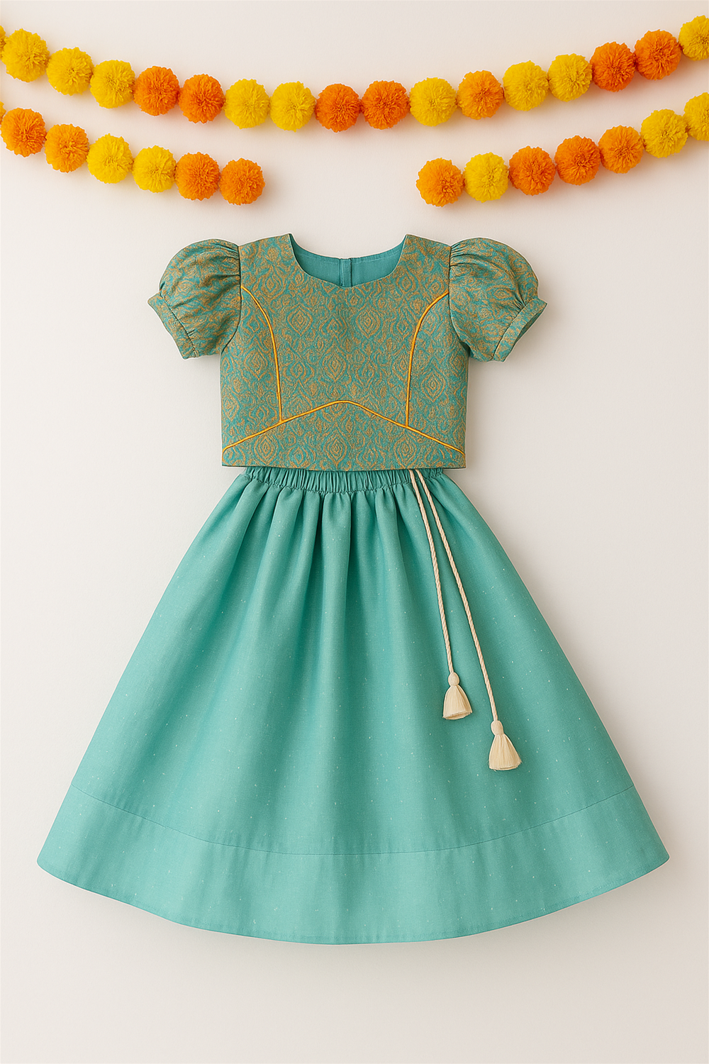 Teal and gold embroidered festive dress with puff sleeves, waist tassel ties, displayed neatly on hanger with orange garland backdrop.