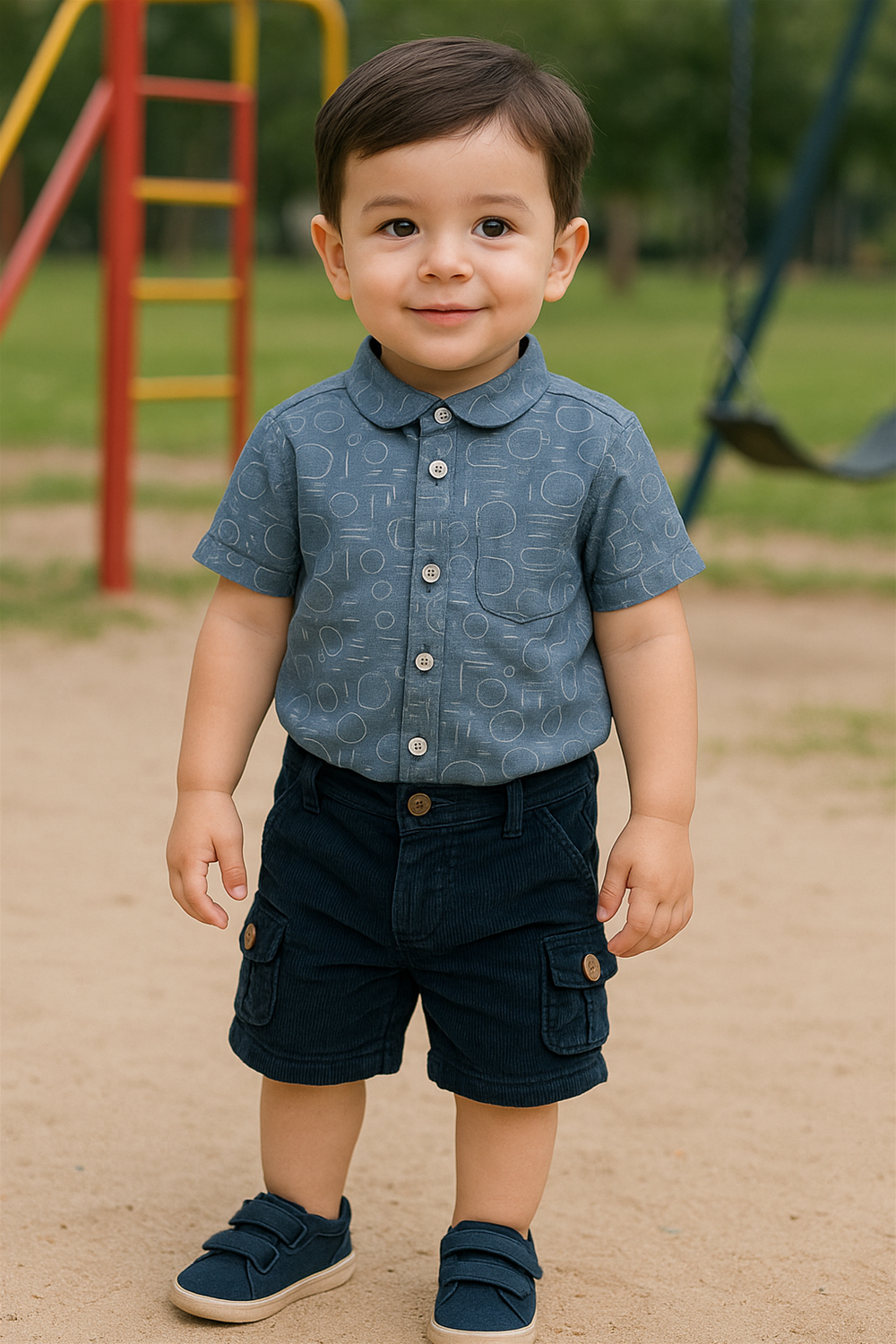 A toddler boy wearing a stylish half-sleeve club collar shirt with abstract circle and line patterns. Captured outdoors in a playground, the shirt pairs perfectly with navy corduroy shorts and sneakers.