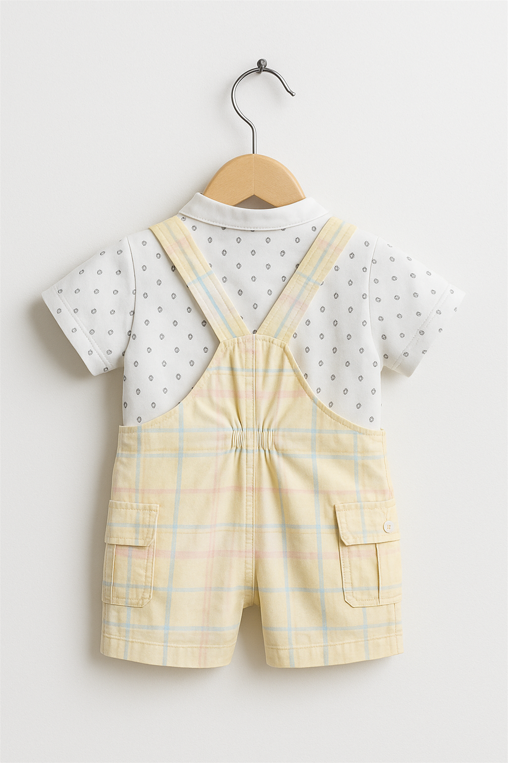 Baby boy's stylish Pastel shade checked dungaree paired with a Chinese collar showcasing a charming white polka dot design inner.
