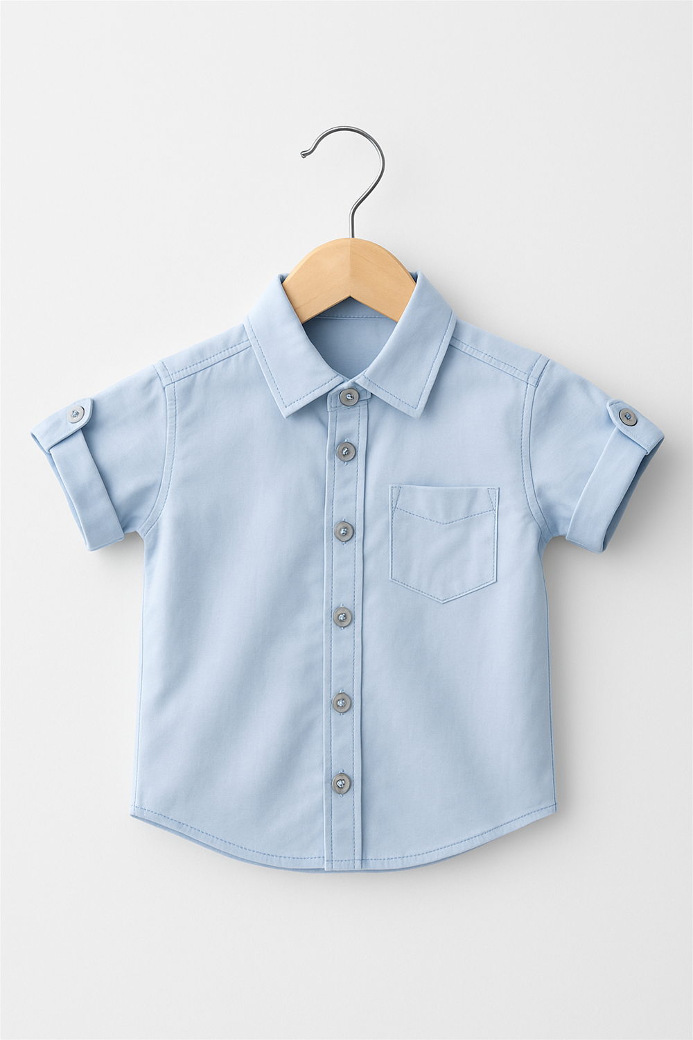 A blue half-sleeve shirt with a normal collar and buttons down the front.