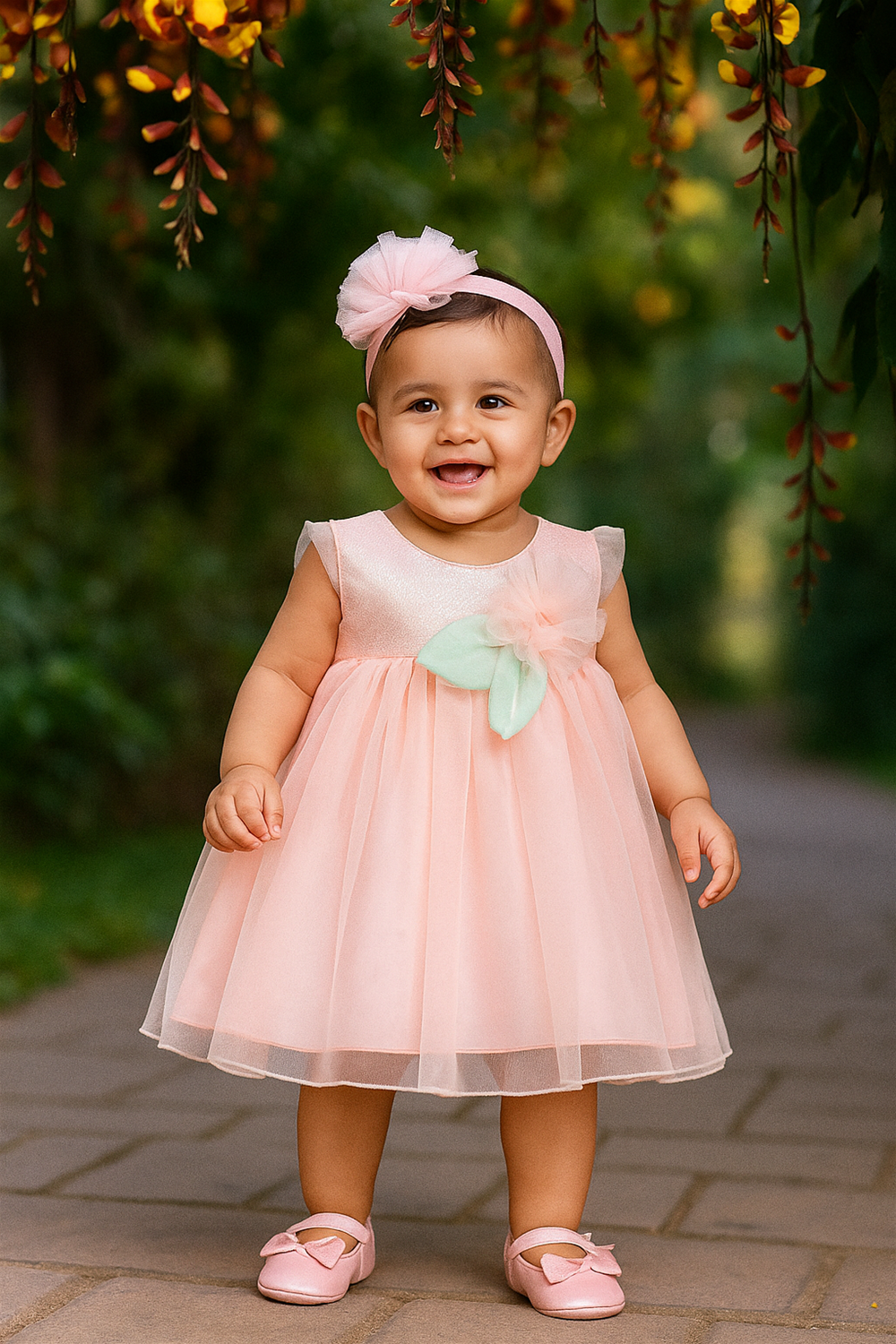 A smiling baby girl wearing a white frock adorned with a pink flower and green leaves, surrounded by a garden of white blooms.