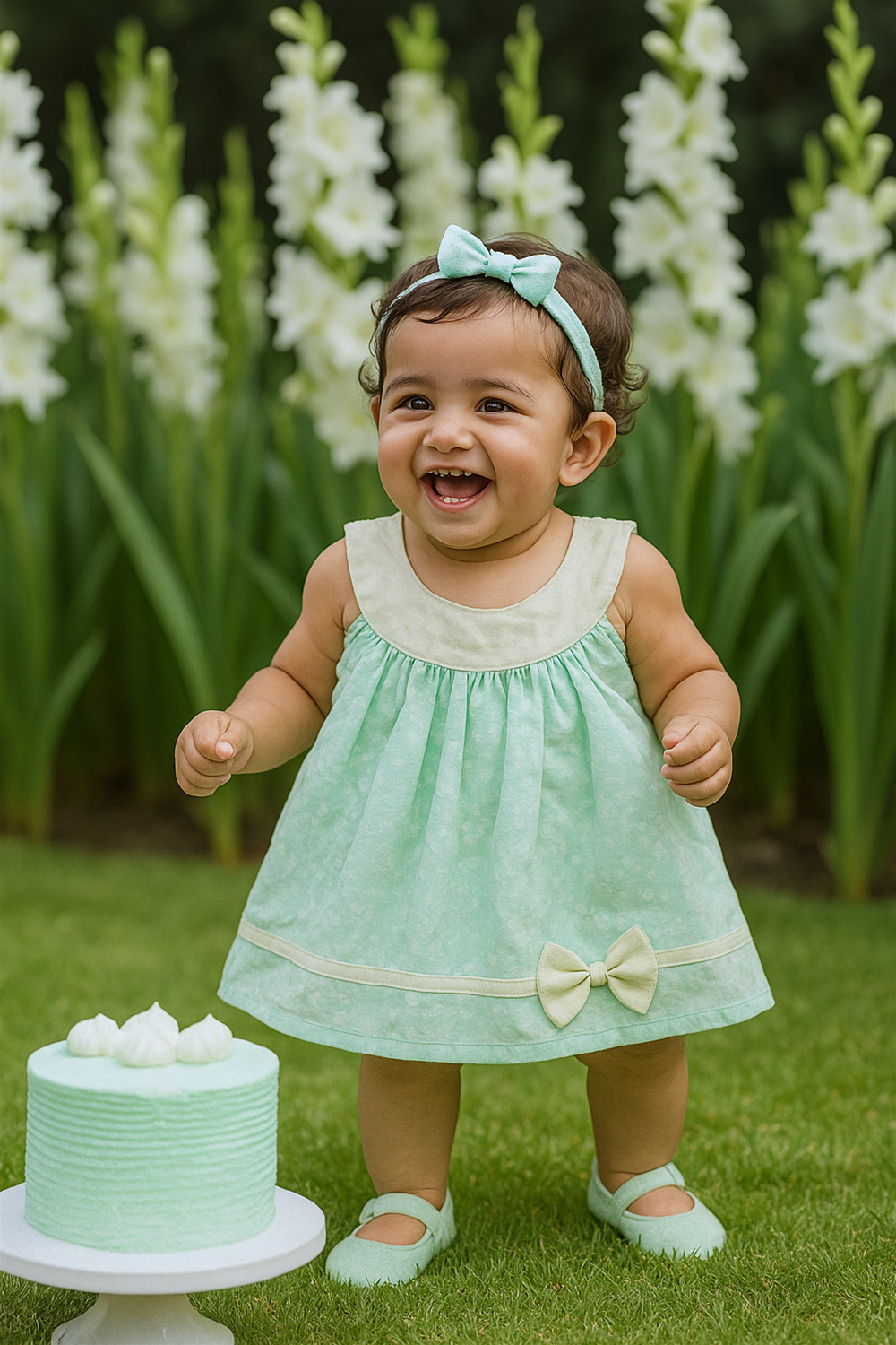 Happy baby girl in mint-green birthday frock with bow, matching headband and shoes, smiling outdoors near floral backdrop and cake.