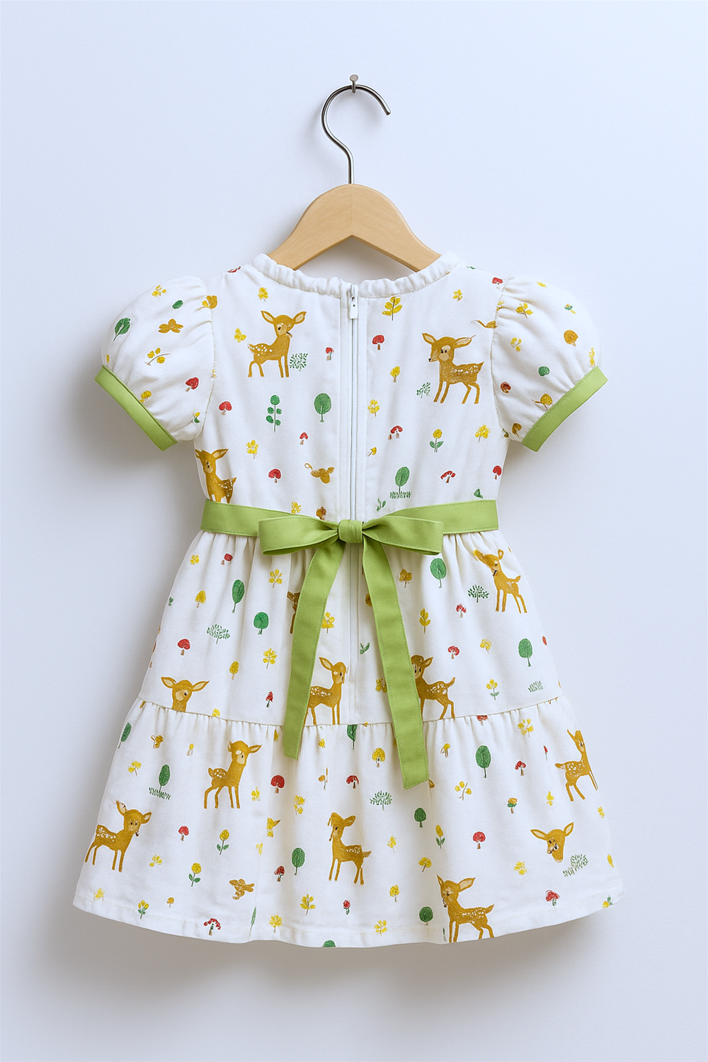 A baby girl's dress featuring a playful design of deer and leaves in soft colors. Back side.