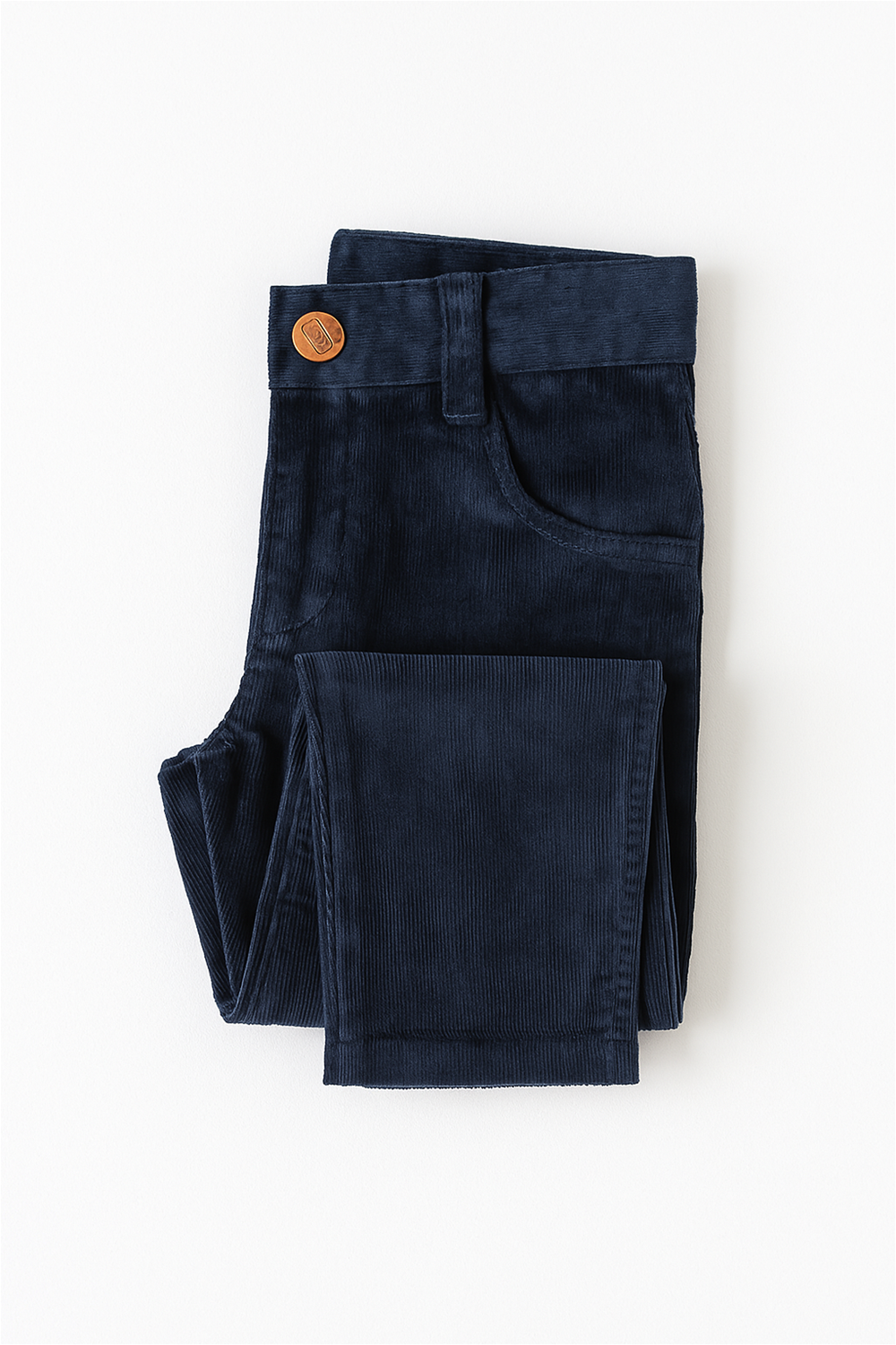 Navy blue corduroy boys' full-length pants displayed flat on a white background. The pants feature front scoop pockets, a coin pocket, belt loops, and a copper-colored button closure at the waistband. The fabric has a fine ribbed texture, offering a soft and structured look suitable for formal or casual wear.