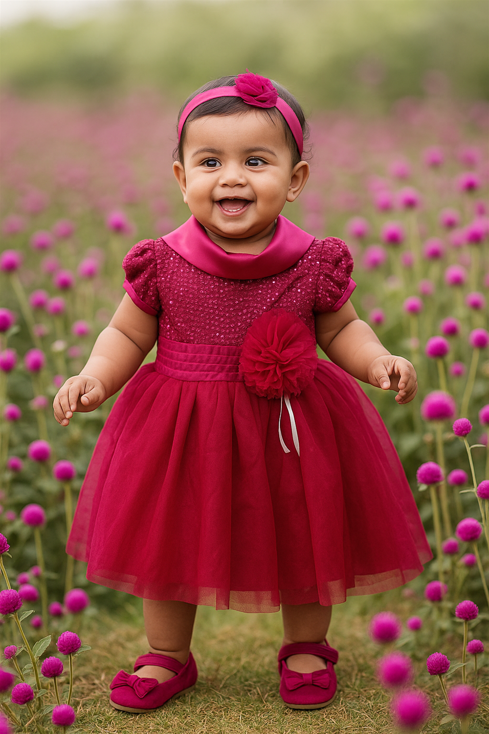 Happy baby girl wearing purple party frock with satin collar and floral waistband, standing in blooming pink flower garden.