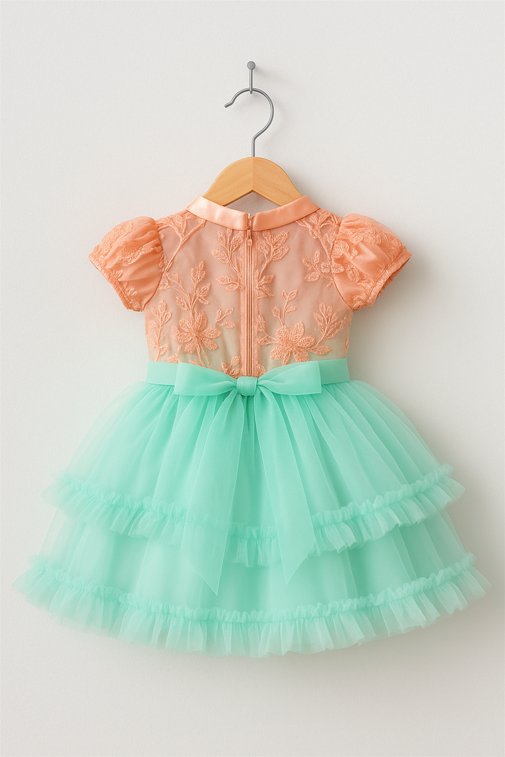 A Pista Green and Peach combination party wear dress in a hanger back view.