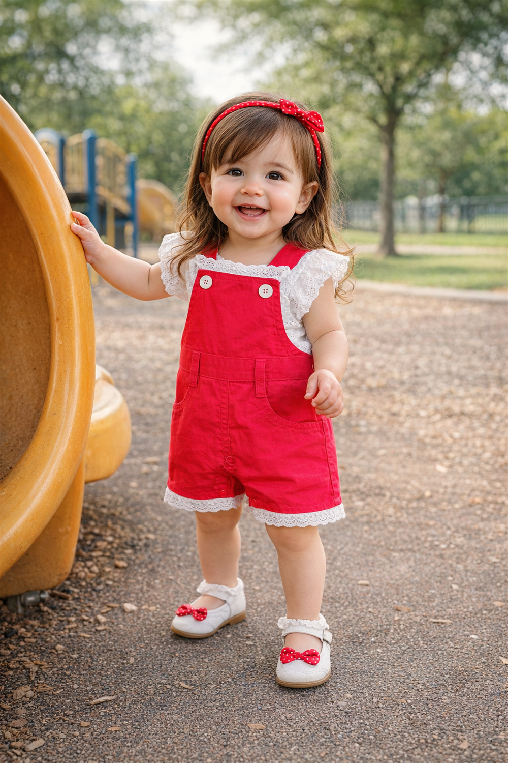 Smiling toddler in red dungaree and white lace top, standing in snowy Christmas setting with decorated tree and gifts.