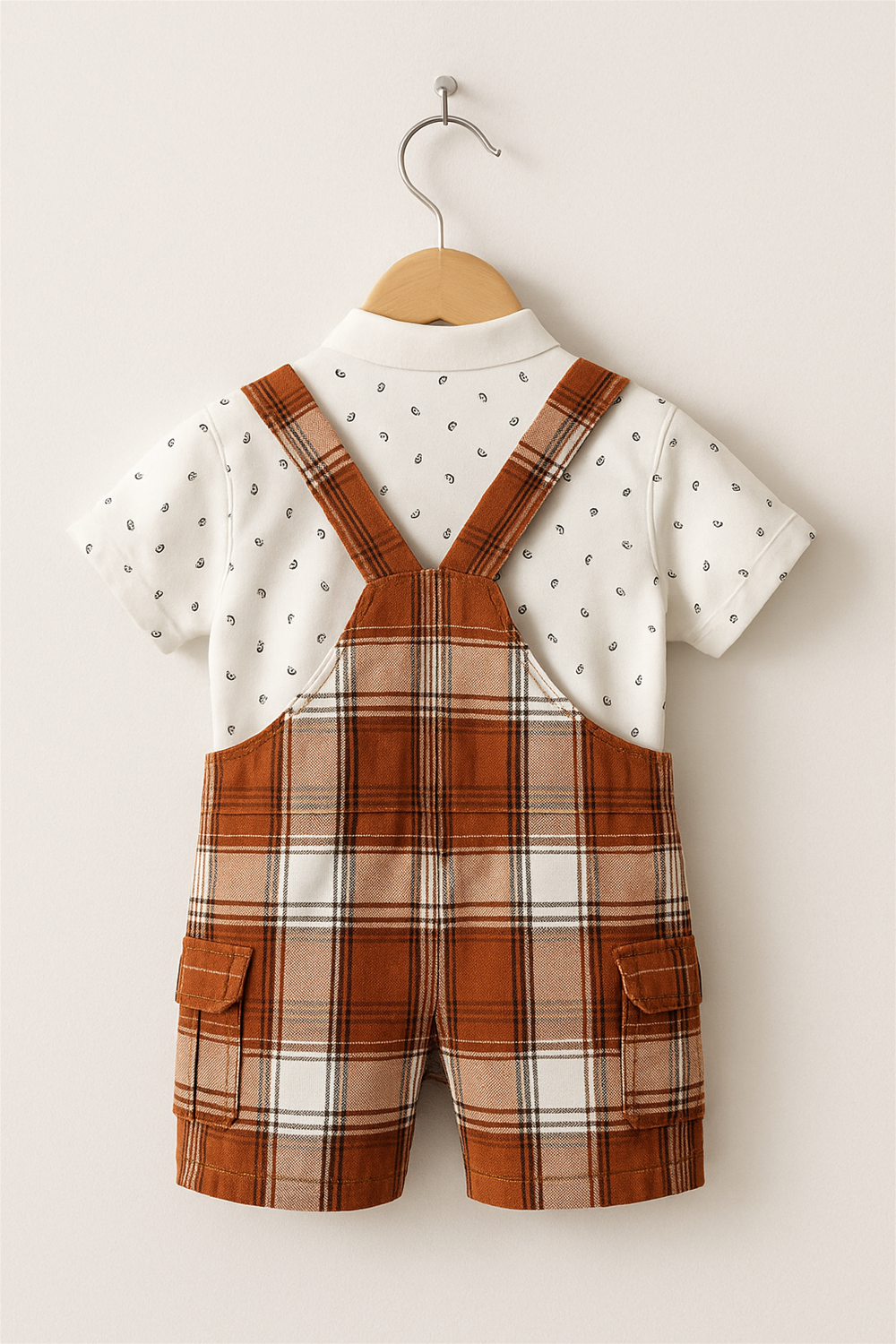 Baby boy's brown check dungaree with a white polka dot shirt, showcasing a cute and playful outfit for infants.