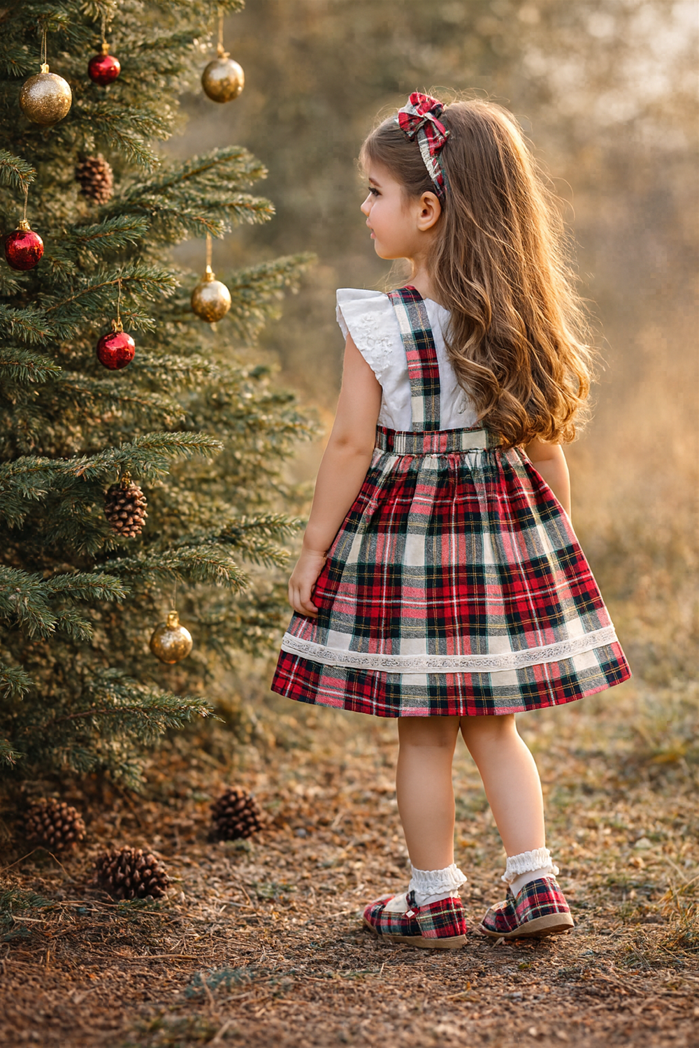 Back view of little girl in festive red plaid frock with suspenders, lace hem, and hair bow near Christmas tree.