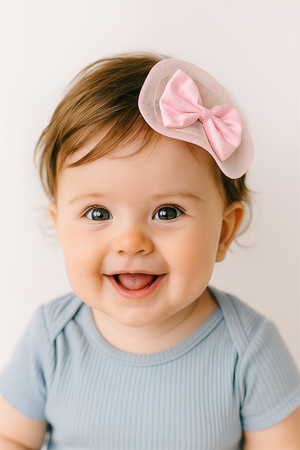 “Smiling baby wearing pastel blue outfit and pink bow hair clip, looking directly at camera with cheerful expression.”