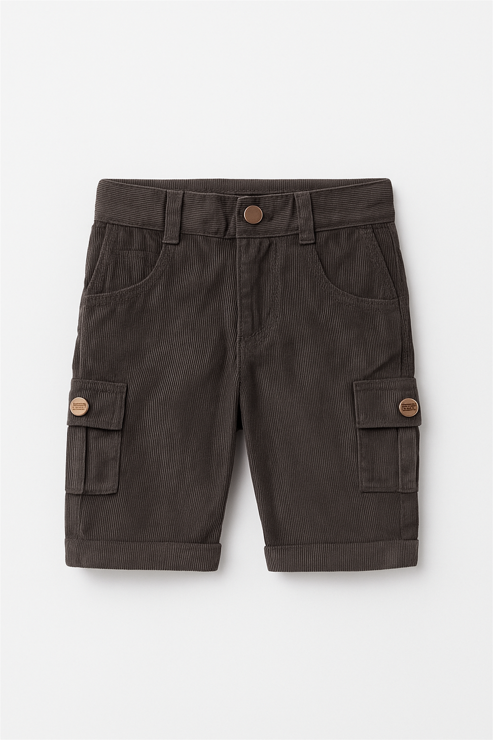 Dark Brown Corduroy with box side pockets and buttons., Ideal for casual wear.