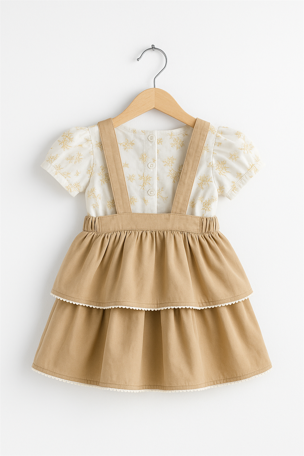 A baby girl's outfit featuring a white back open printed inner paired with beige pinafore, suitable for casual wear.