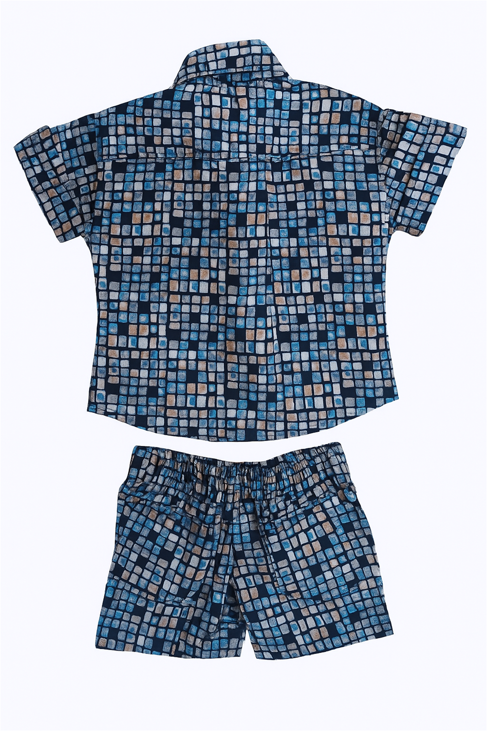 Back view of boy’s co-ord set in blue checkered pattern, featuring collared short-sleeve shirt and elastic waist shorts.