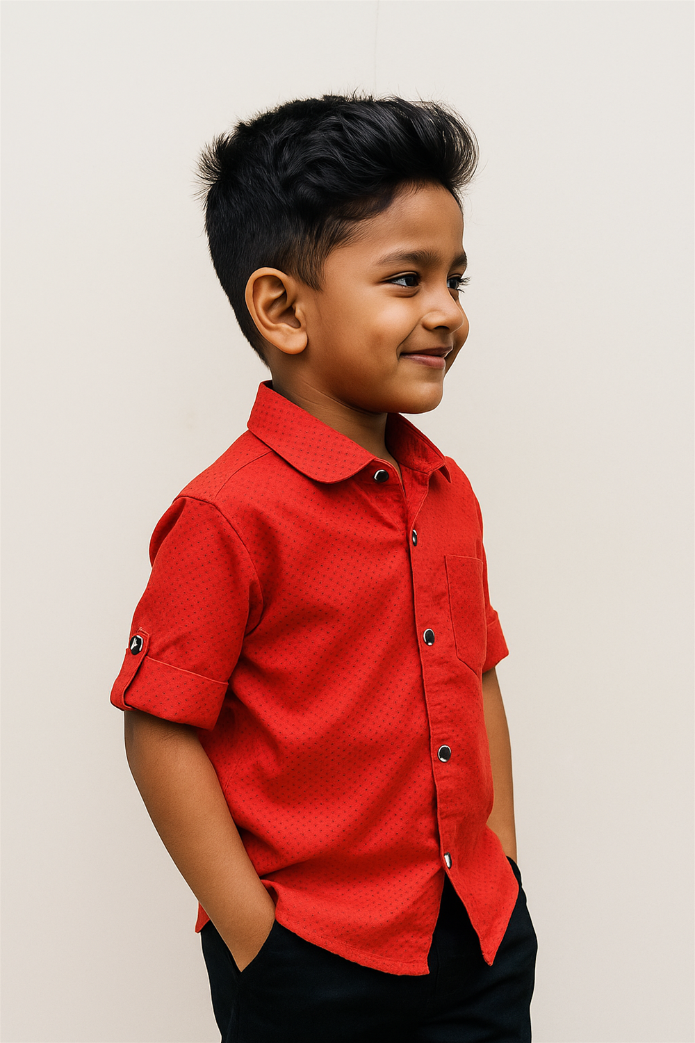 A young boy wearing a red half-sleeve shirt with a normal collar and black pants.