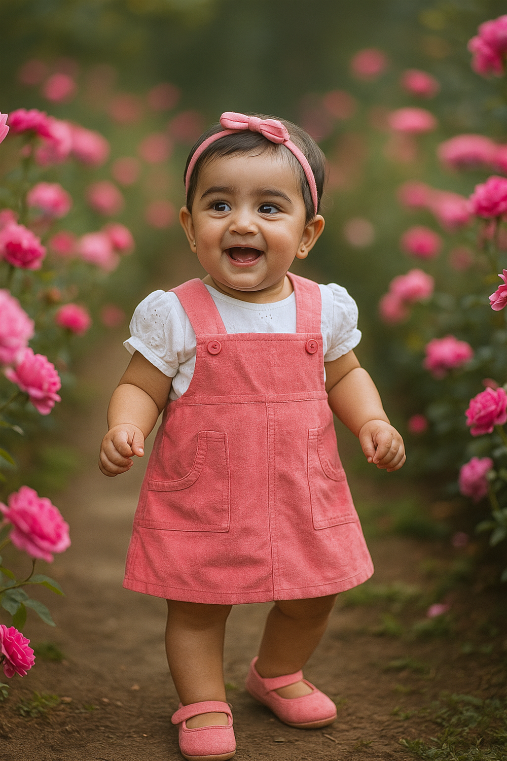 A baby girl in a pink corduroy pinafore dress walks through a vibrant field of blooming pink flowers.