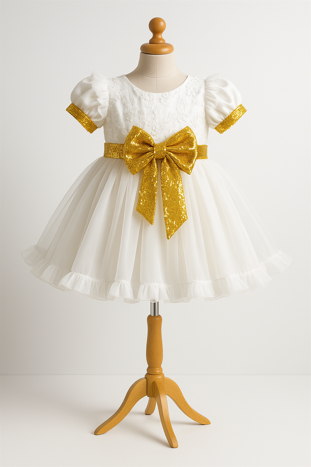 Elegant white baby dress with puffed sleeves, floral bodice, and black sequin bow displayed on a wooden mannequin stand.