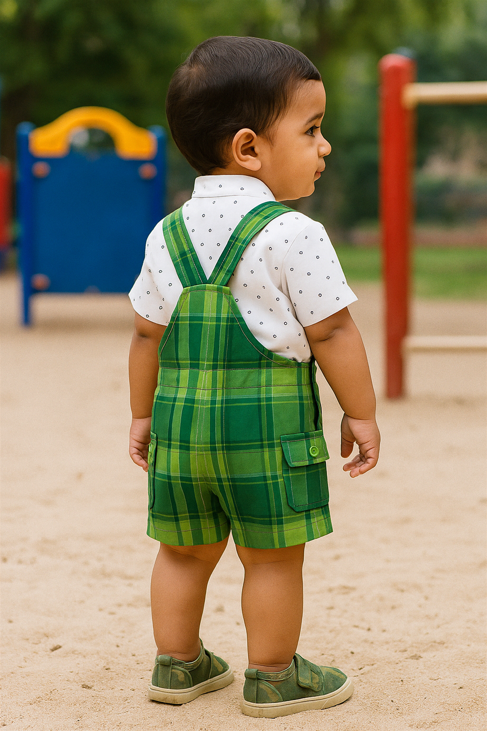 A baby boy's green and white check dungaree back, featuring adjustable straps and a cute pocket detail.