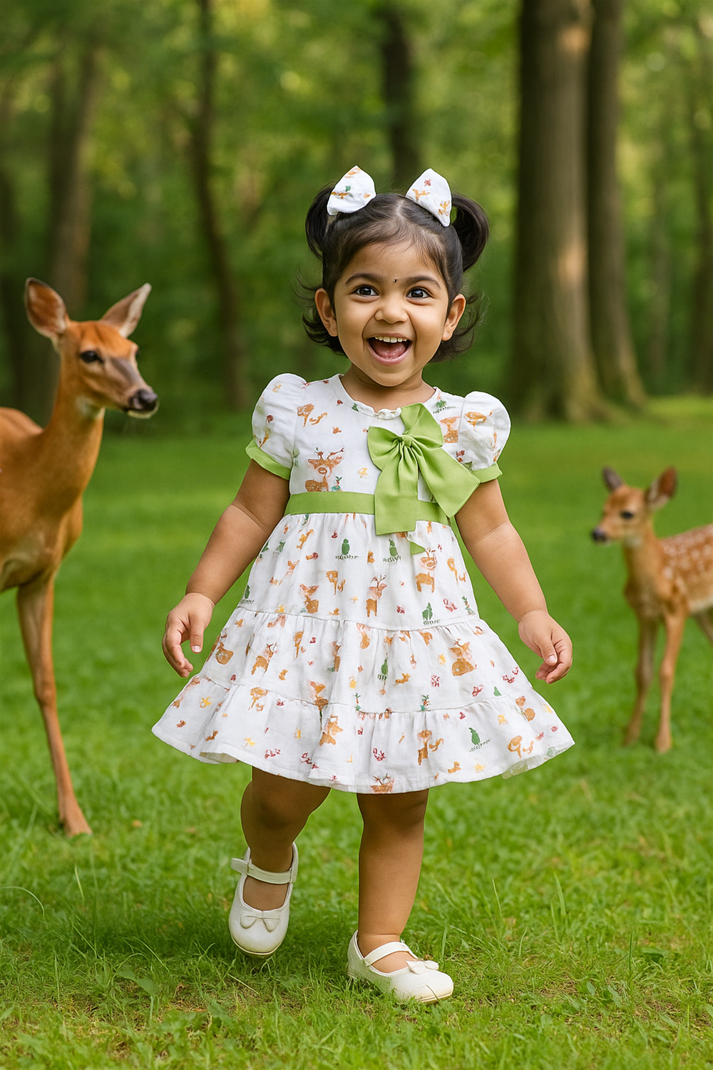 A baby girl's dress featuring a playful design of deer and leaves in soft colors.