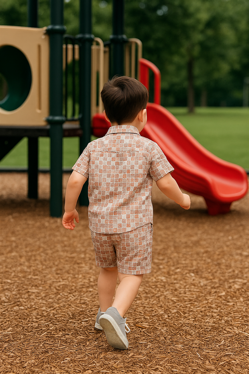 Back view of toddler in beige co-ord set walking toward playground slide, highlighting fit and playful outdoor vibe.