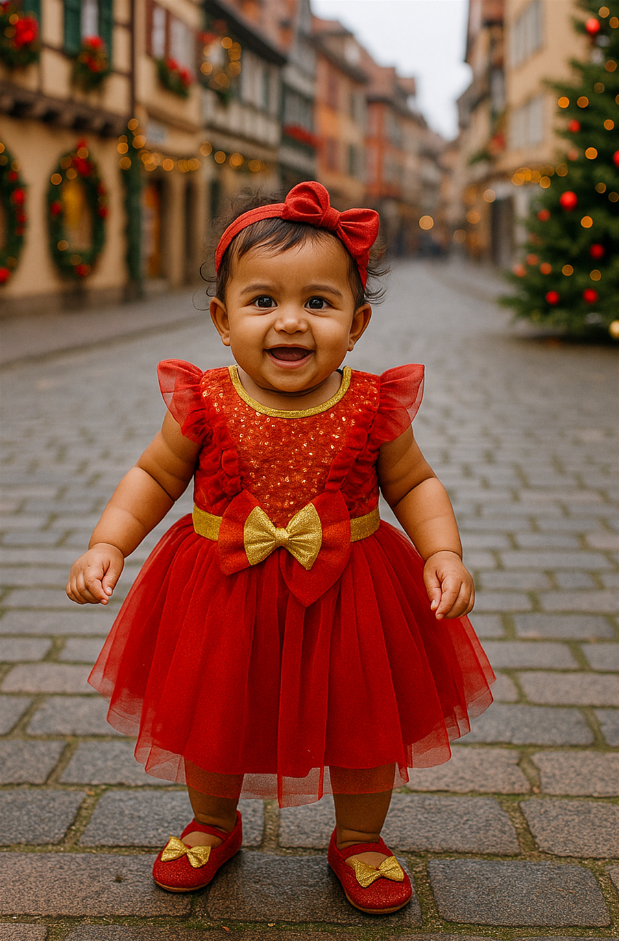 Baby girl in red tulle dress with golden bow smiling on festive street decorated with wreaths and Christmas tree.