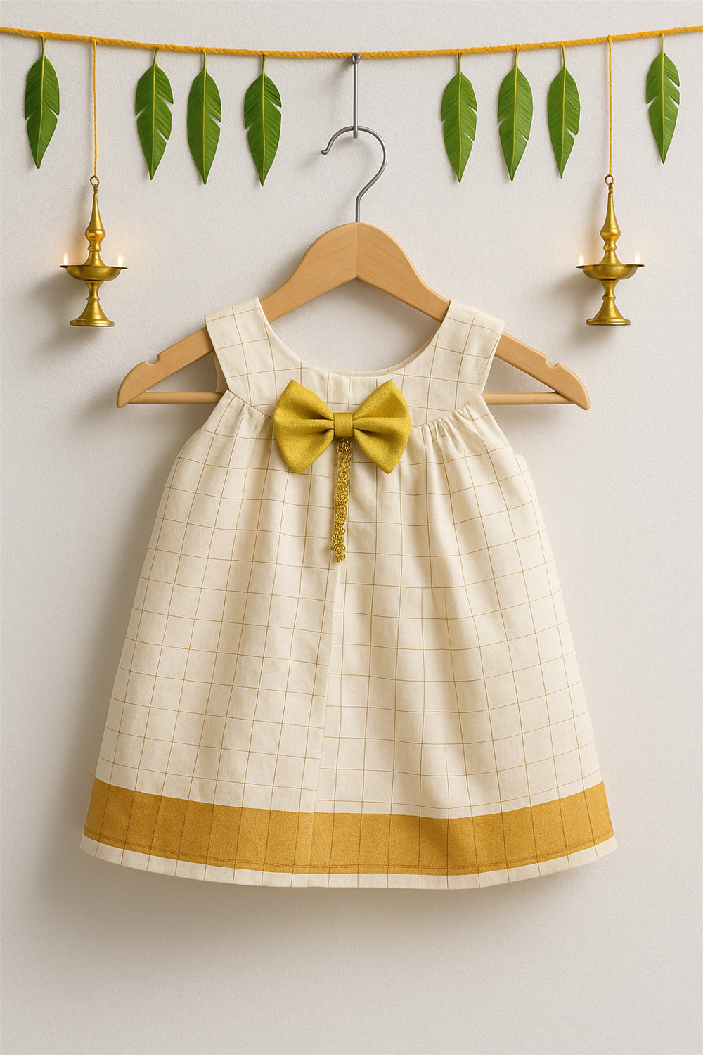 A baby dress in cream with golden checks and border is shown on a wooden hanger, highlighted with a mustard bow at the front. The backdrop is decorated with leaf hangings, lit brass lamps, and a festive string for a traditional vibe.