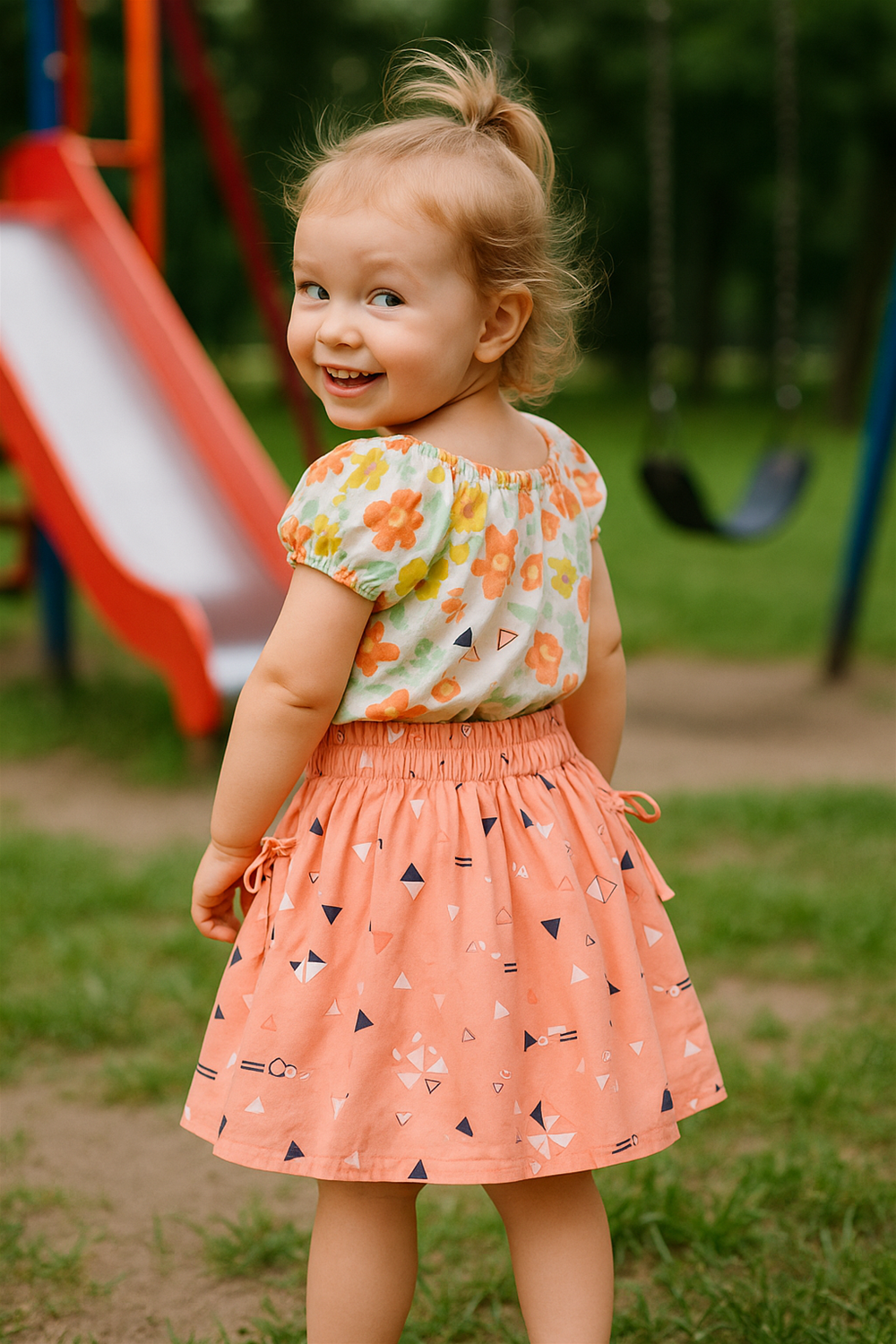 Smiling toddler girl in a floral top and peach printed skirt with bows, looking back while standing in playground.